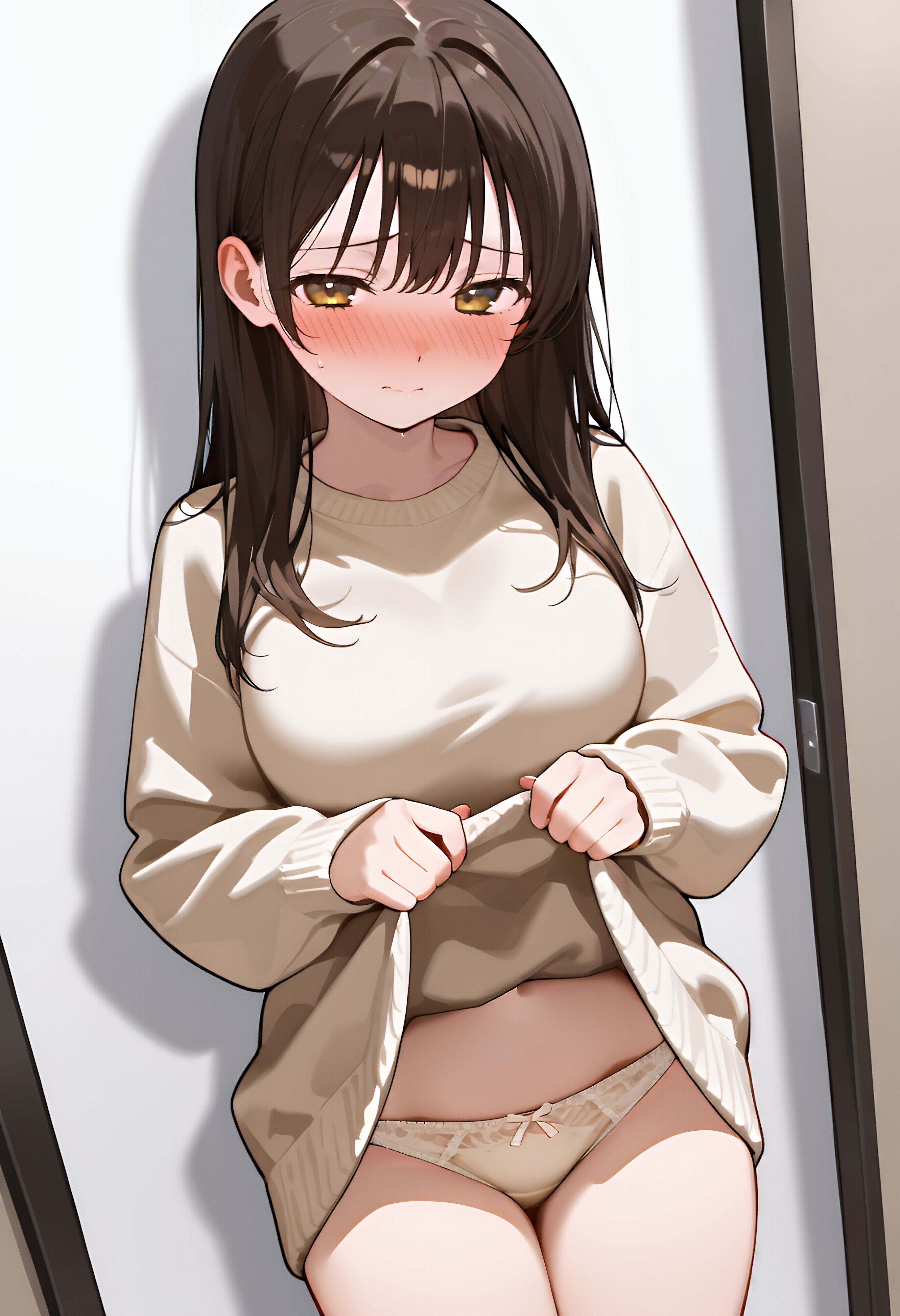 セーターたくし上げ
