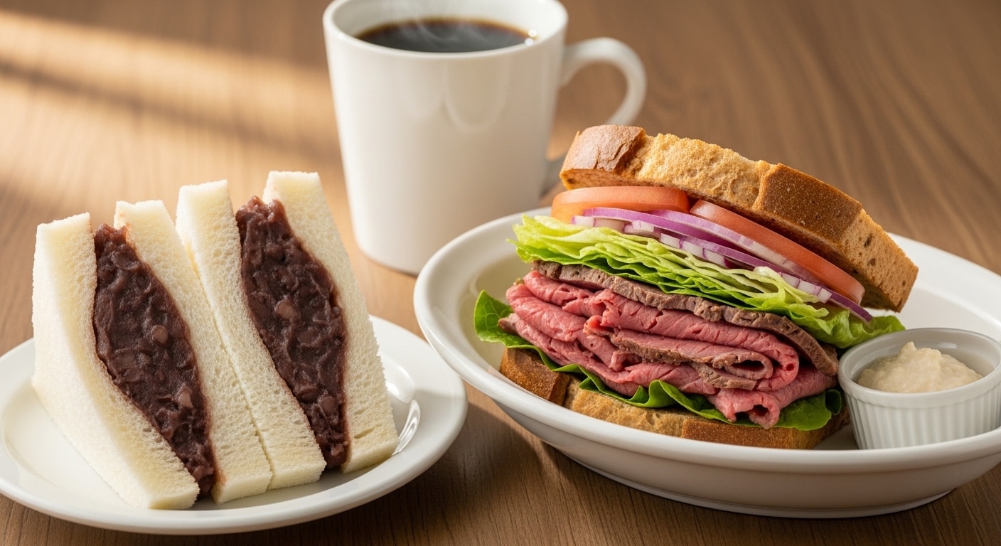 摩訶不思議食堂の餡子サンドとローストビーフサンドのセット | の人気AIイラスト・グラビア