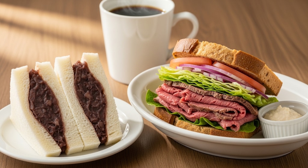 摩訶不思議食堂の餡子サンドとローストビーフサンドのセット