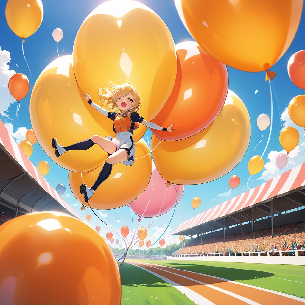 競技場でオレンジ色の巨大風船を膨らませるブロンドの美少女 | の人気AIイラスト・グラビア