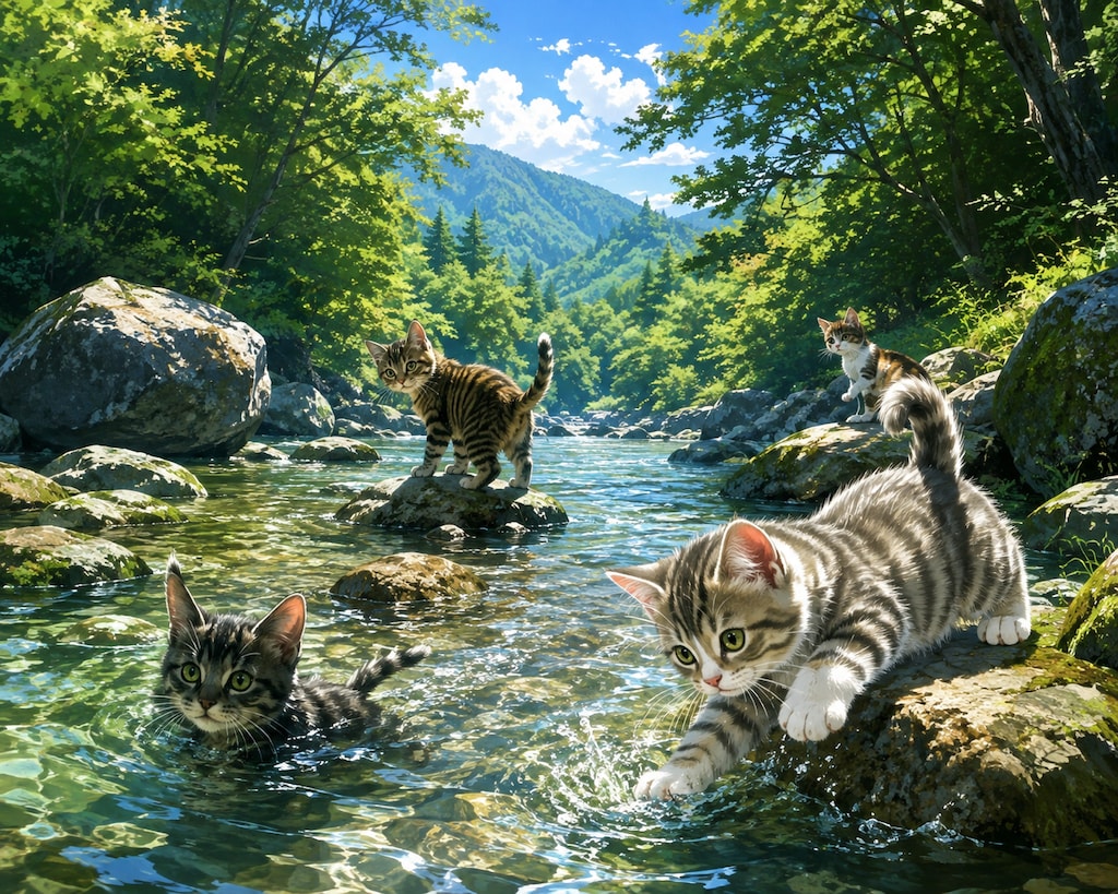 渓流のネコ遊び日和