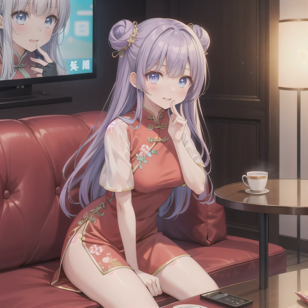 紫髪ツイン団子で中華服の少女