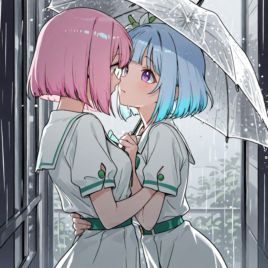 雨の日、相合傘をする百合カップル