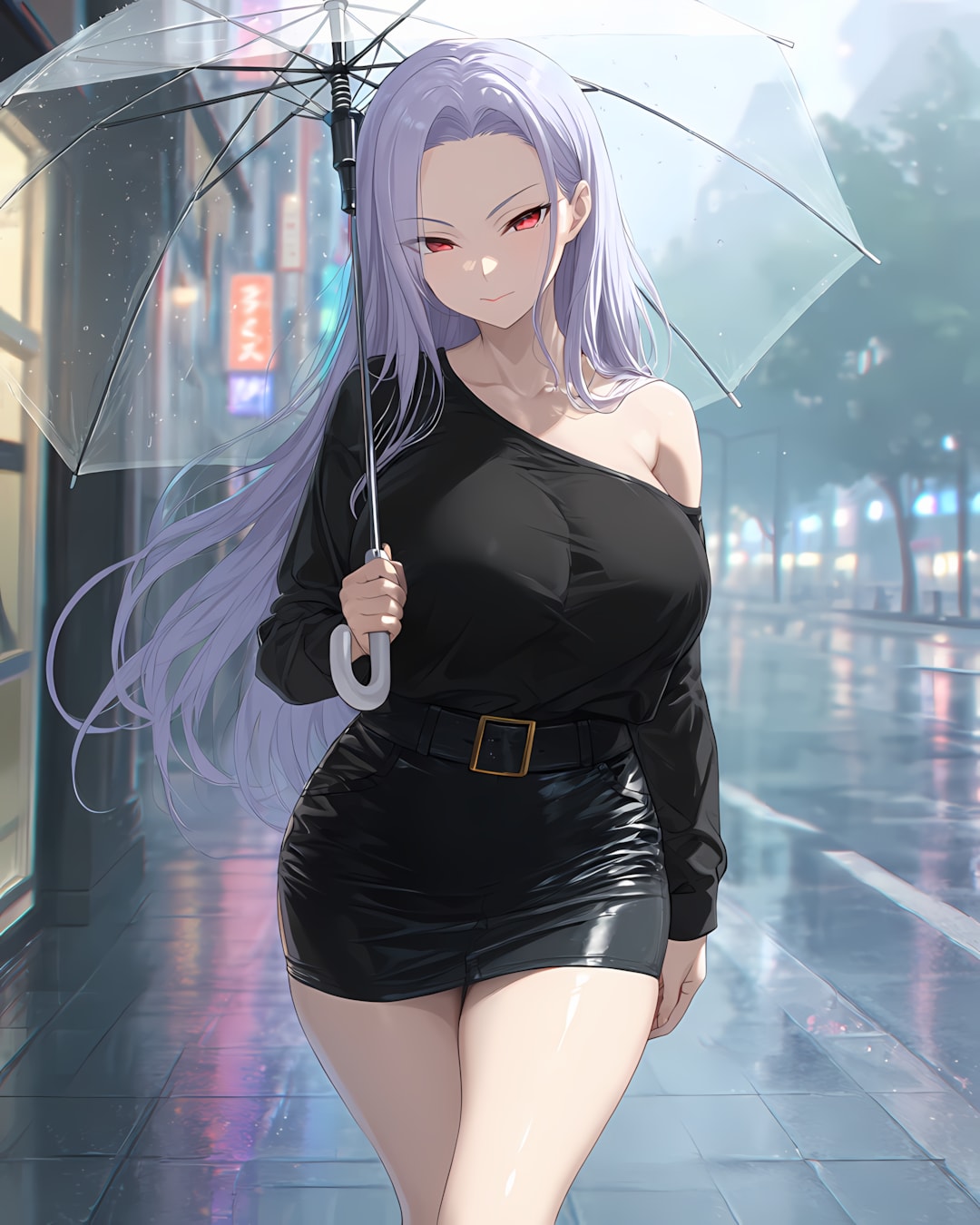 ☔雨の街角で相合い傘💜寄り添う辛口モードギャルの全身美脚