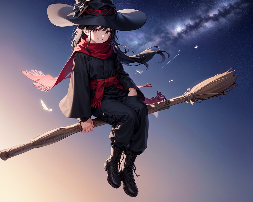 夕方の空を箒に乗って飛ぶ魔女