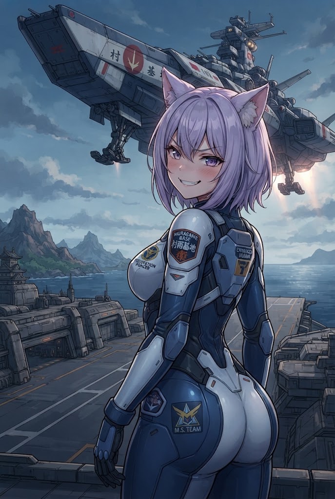 基地到着した母艦を眺めるパイロットスーツの強化人間シス | の人気AIイラスト・グラビア