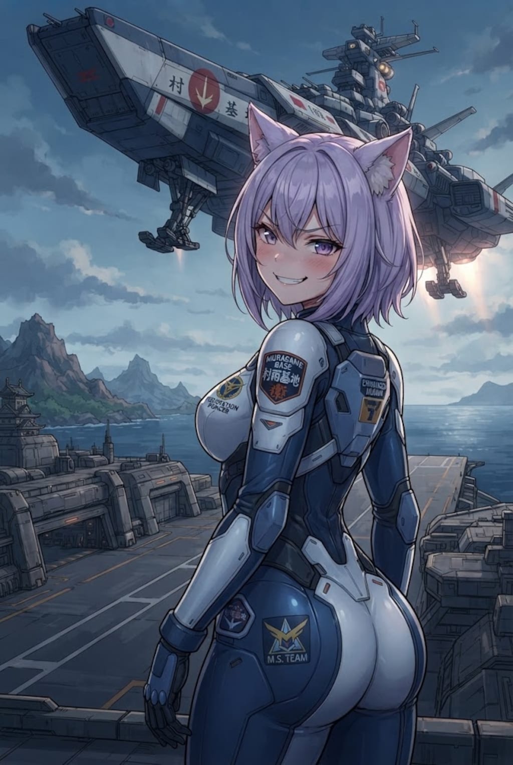 基地到着した母艦を眺めるパイロットスーツの強化人間シス