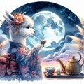 水彩水墨画ファンタジー、お月見する髪飾りをつけた着物アルパカ 2枚目