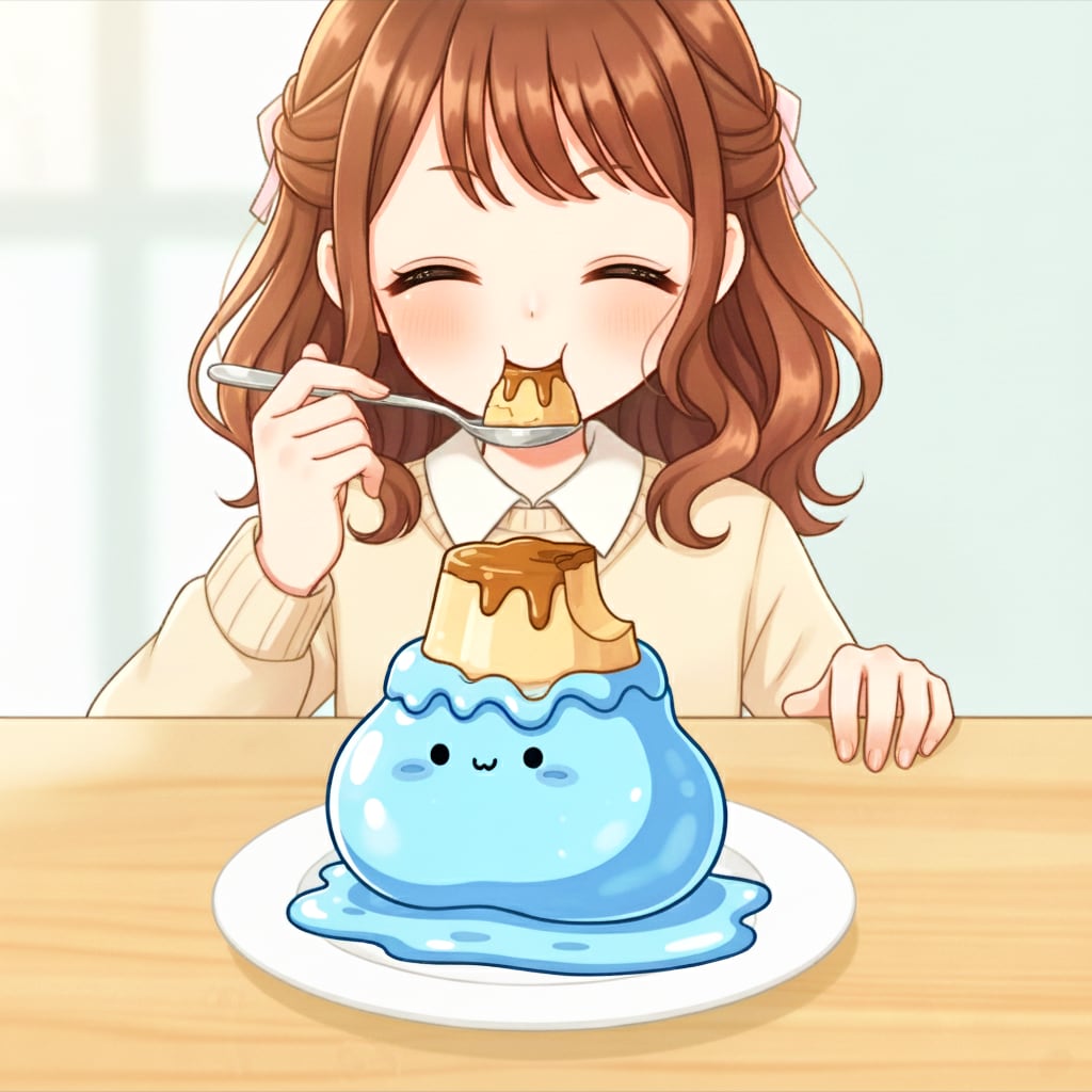 スライムにプリンをのせる