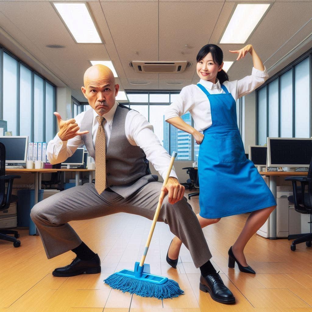 掃除のおばちゃんと踊るハゲ部長