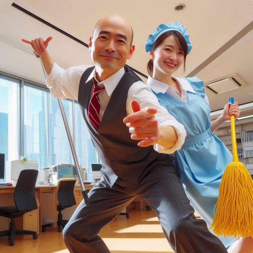 掃除のおばちゃんと踊るハゲ部長