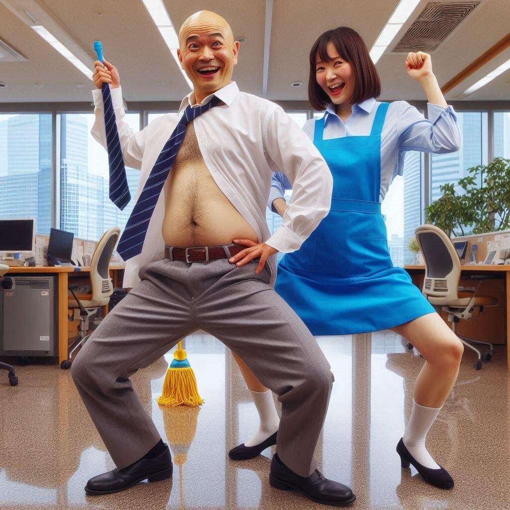 掃除のおばちゃんと踊るハゲ部長