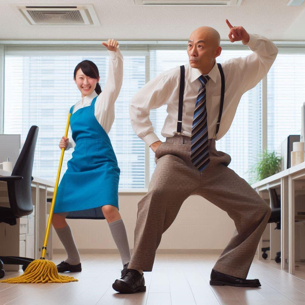 掃除のおばちゃんと踊るハゲ部長