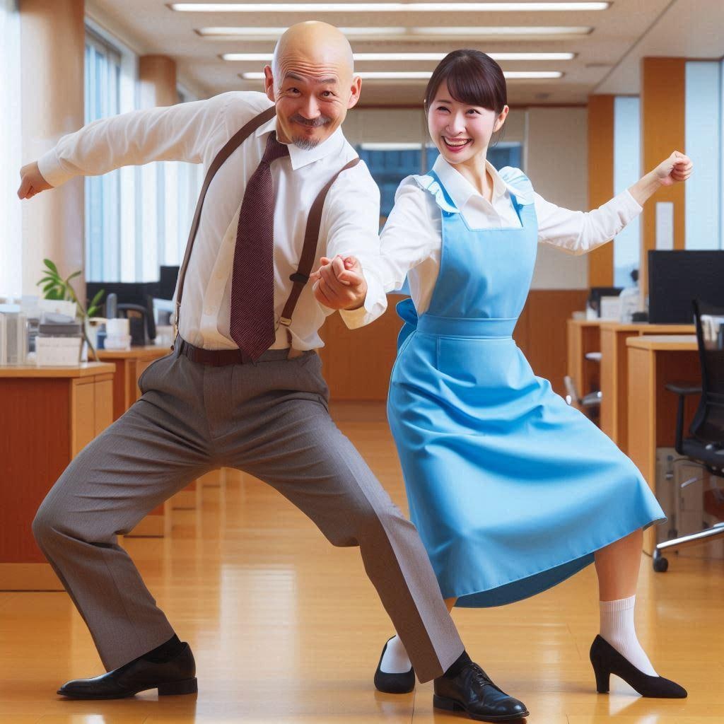 掃除のおばちゃんと踊るハゲ部長