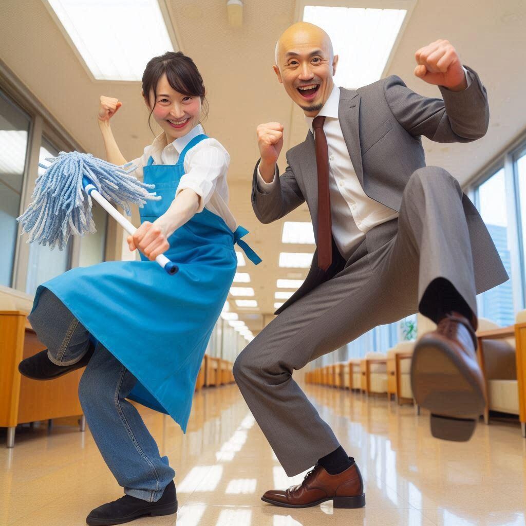 掃除のおばちゃんと踊るハゲ部長