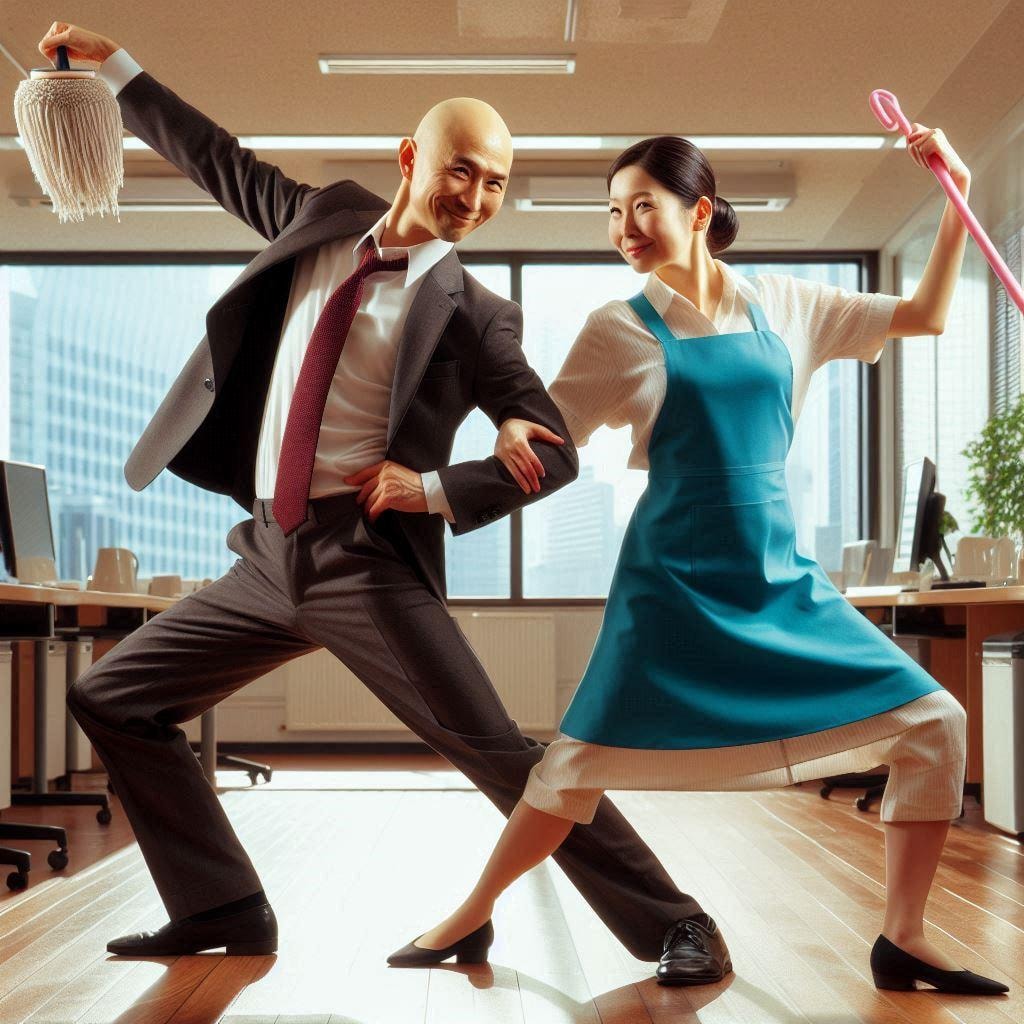 掃除のおばちゃんと踊るハゲ部長