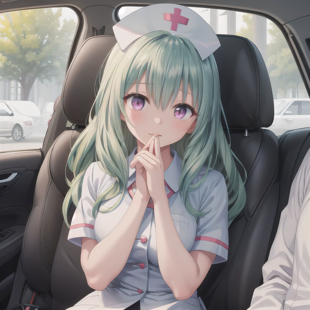 緑髪ロングで車内の少女