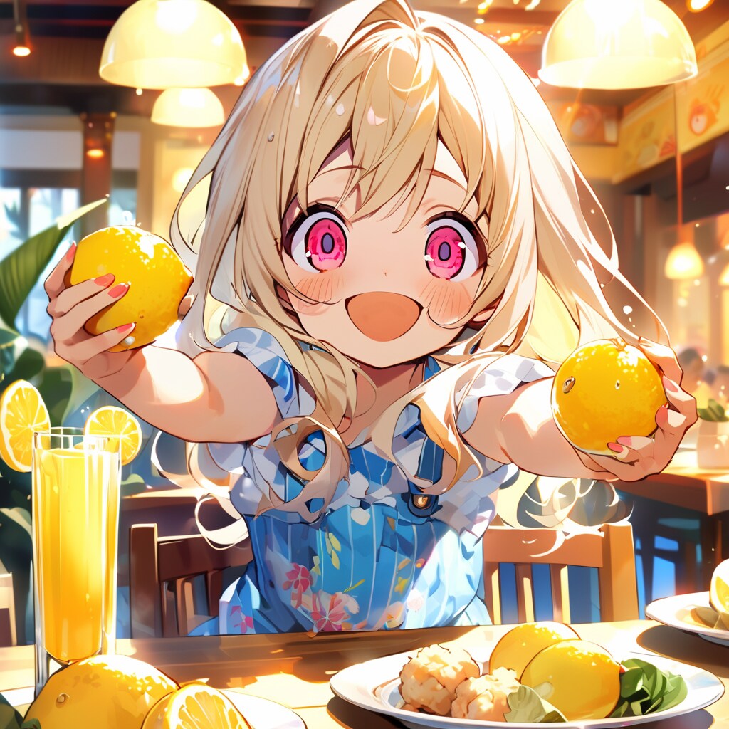 唐揚げにレモンを絞る小さな女の子