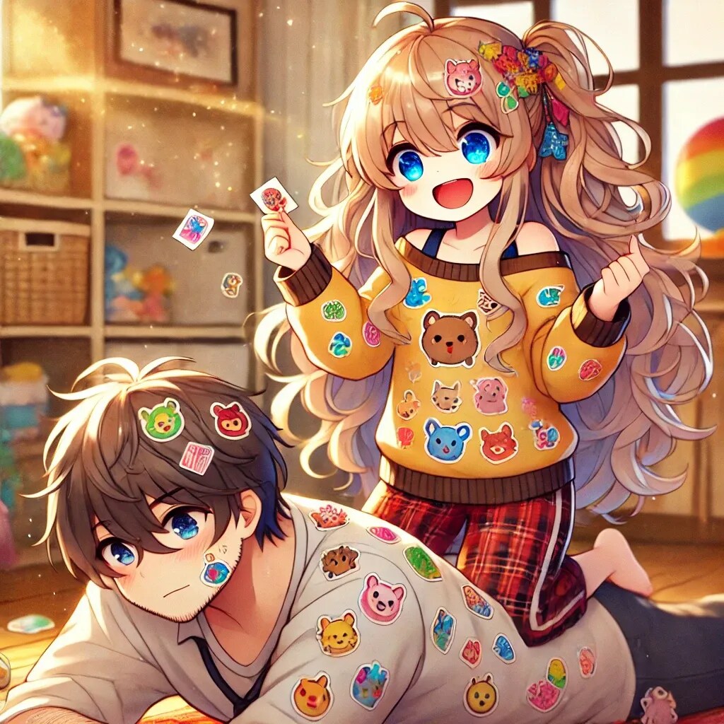 父親にシールを貼って遊ぶ小さな女の子 | の人気AIイラスト・グラビア