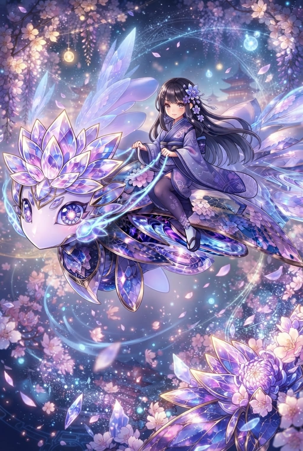 花降る空、ホログラフィックドラゴンに乗る少女