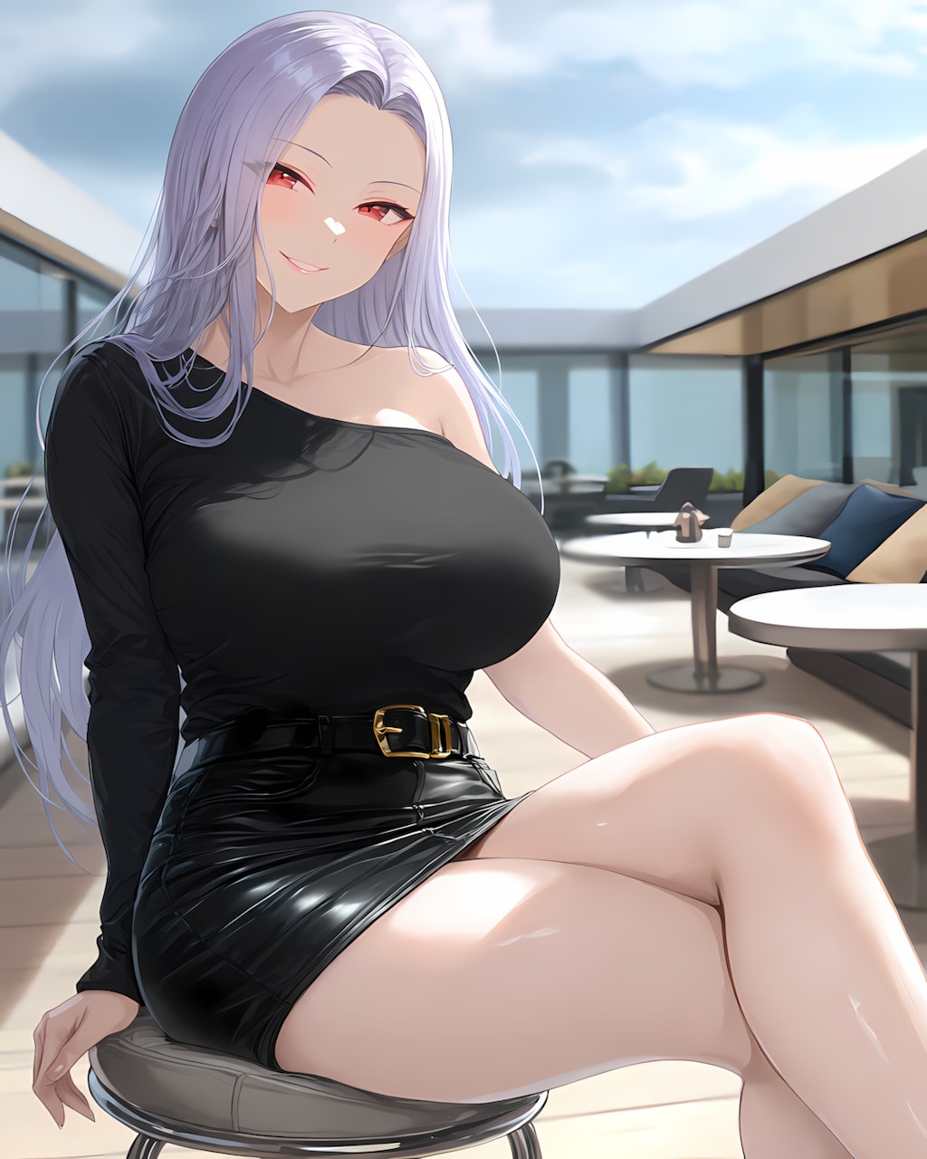 🖤黒レザーで魅せる、大人のテラス待ち合わせ👠