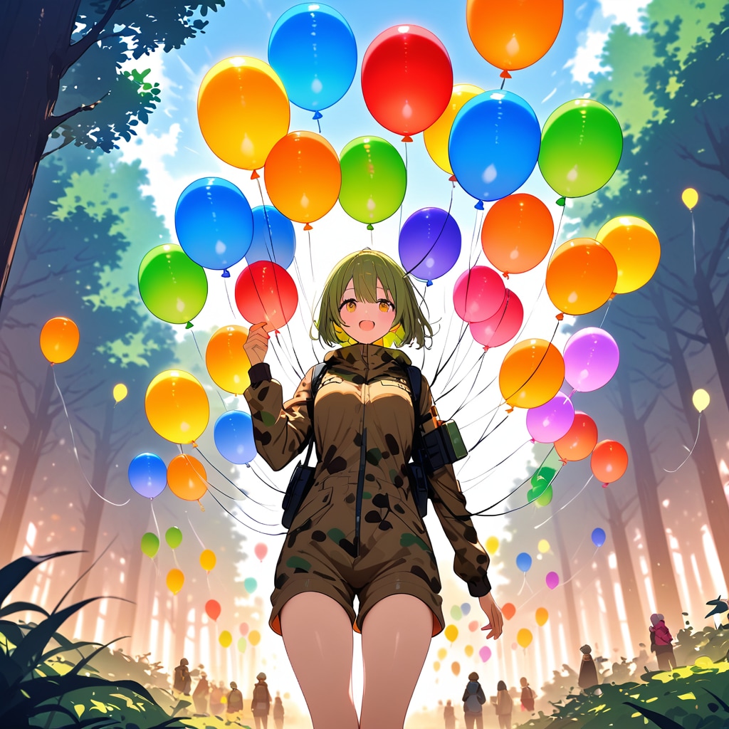 森の中で色とりどりの風船を持つブラウンショートカットの迷彩服の美女。 | の人気AIイラスト・グラビア