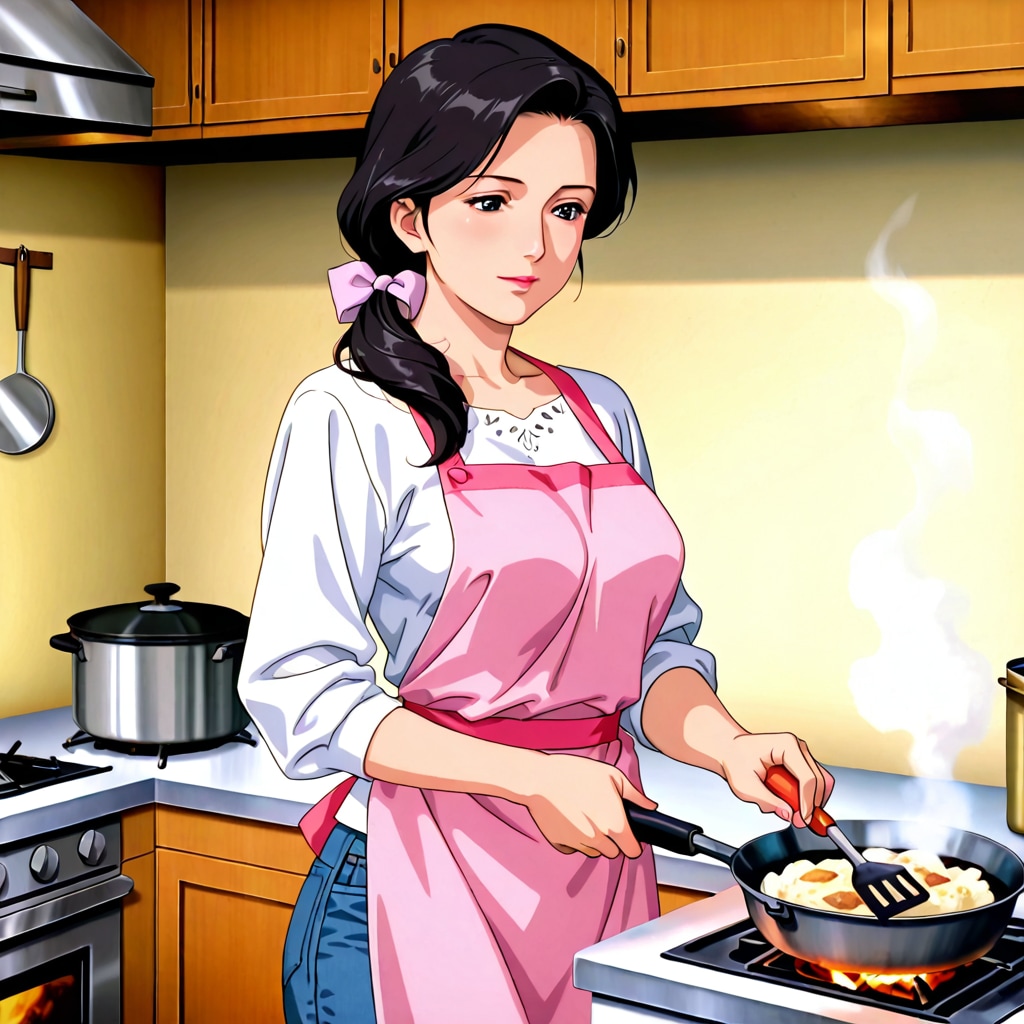 昔のアニメに出てそうなピンクエプロンを着たママ