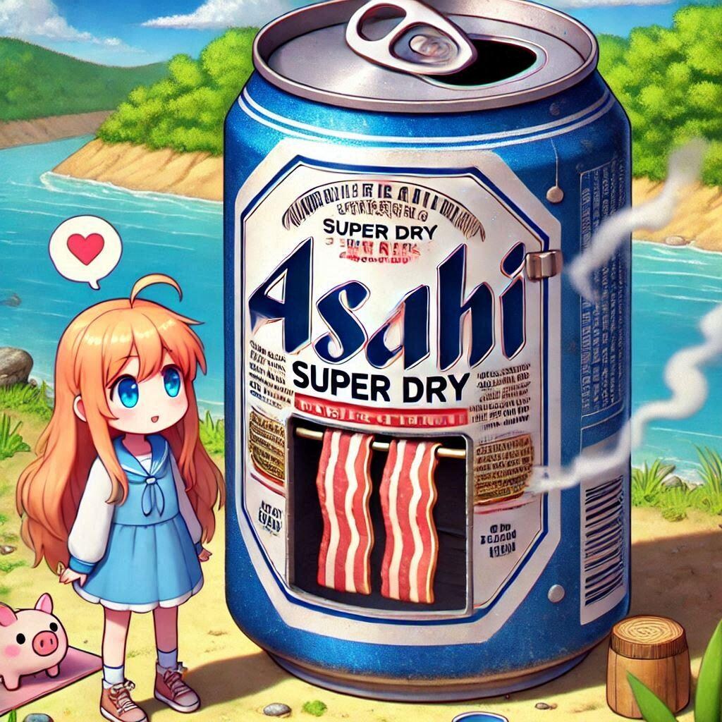 河原でベーコンを作る小さな女の子