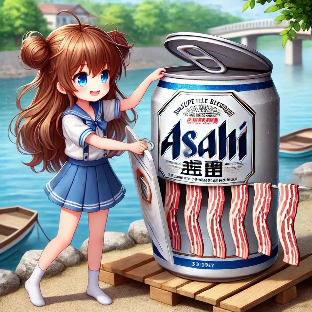 河原でベーコンを作る小さな女の子