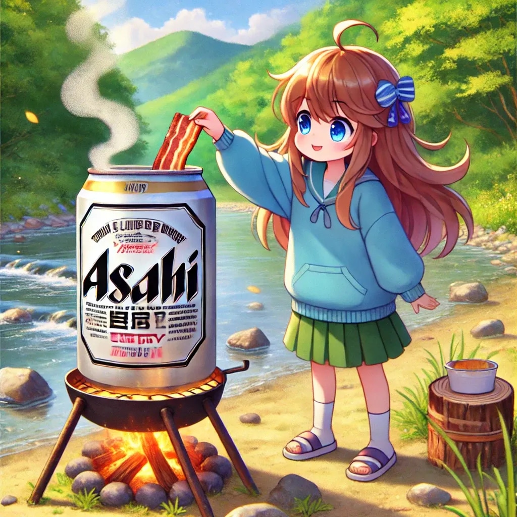 河原でベーコンを作る小さな女の子