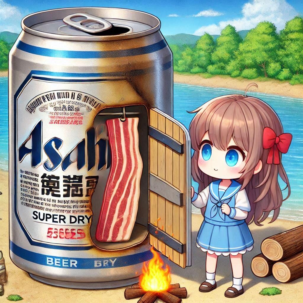 河原でベーコンを作る小さな女の子