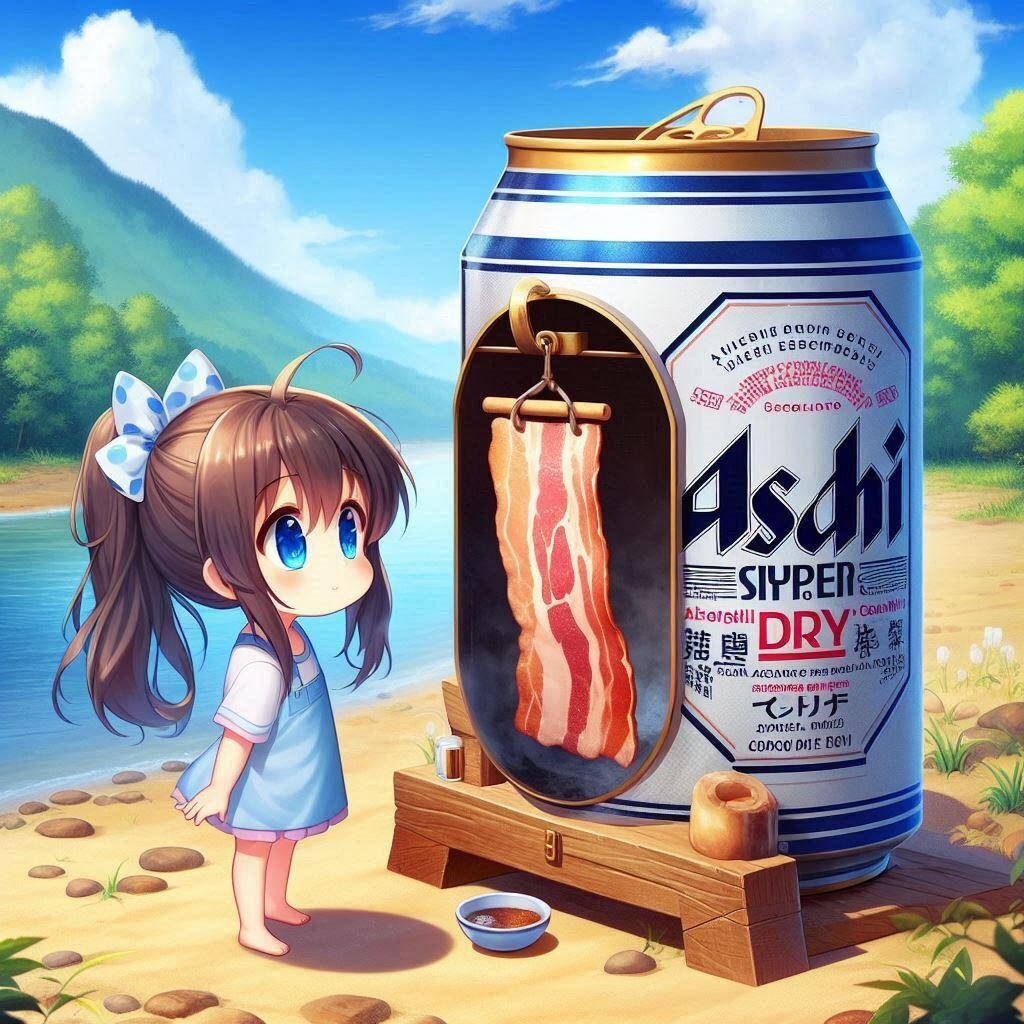 河原でベーコンを作る小さな女の子