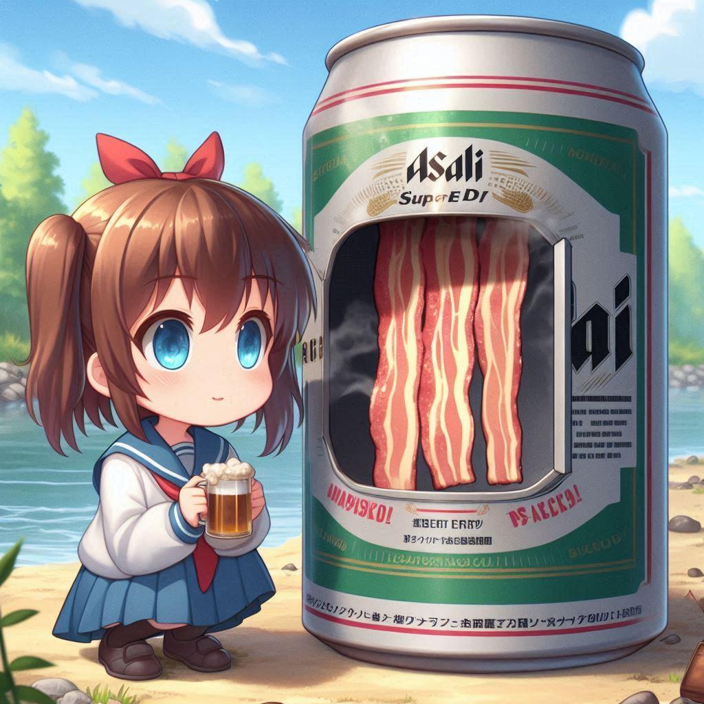 河原でベーコンを作る小さな女の子 | の人気AIイラスト・グラビア