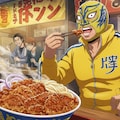 牛丼を食べる覆面レスラー 4枚目
