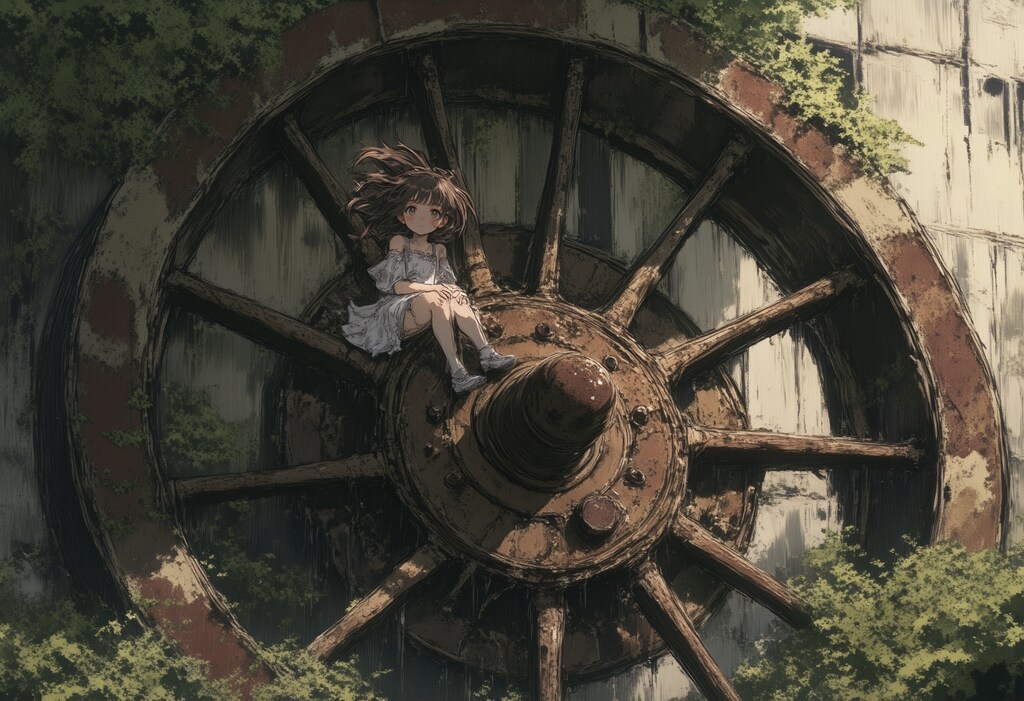 巨大な車輪と女の子