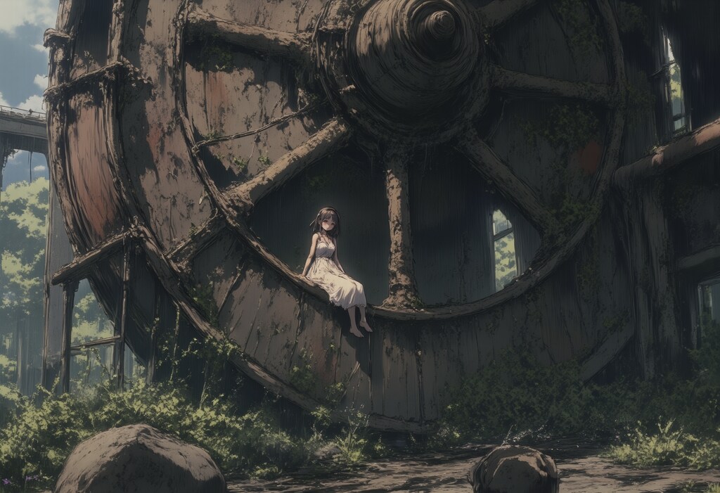 巨大な車輪と女の子