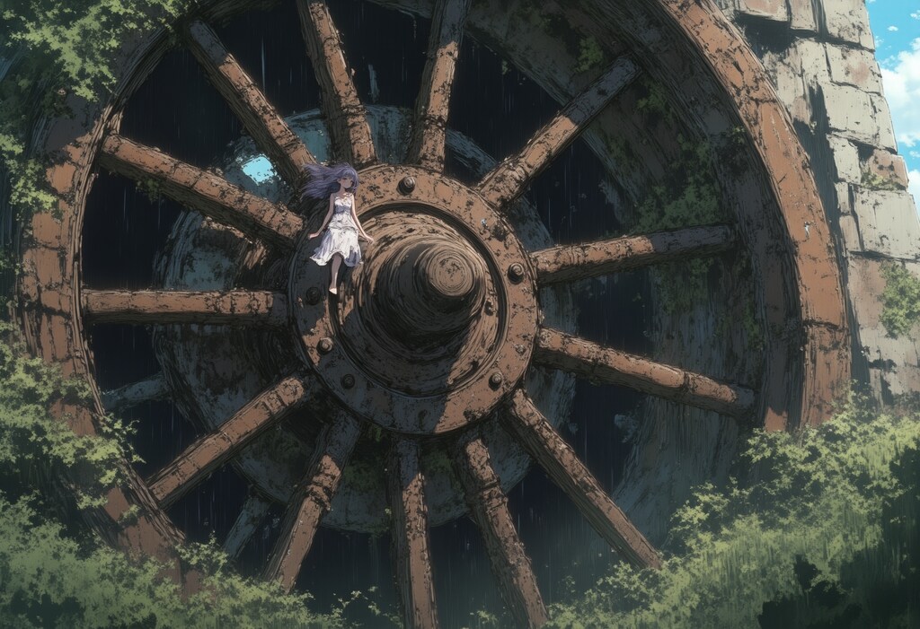 巨大な車輪と女の子