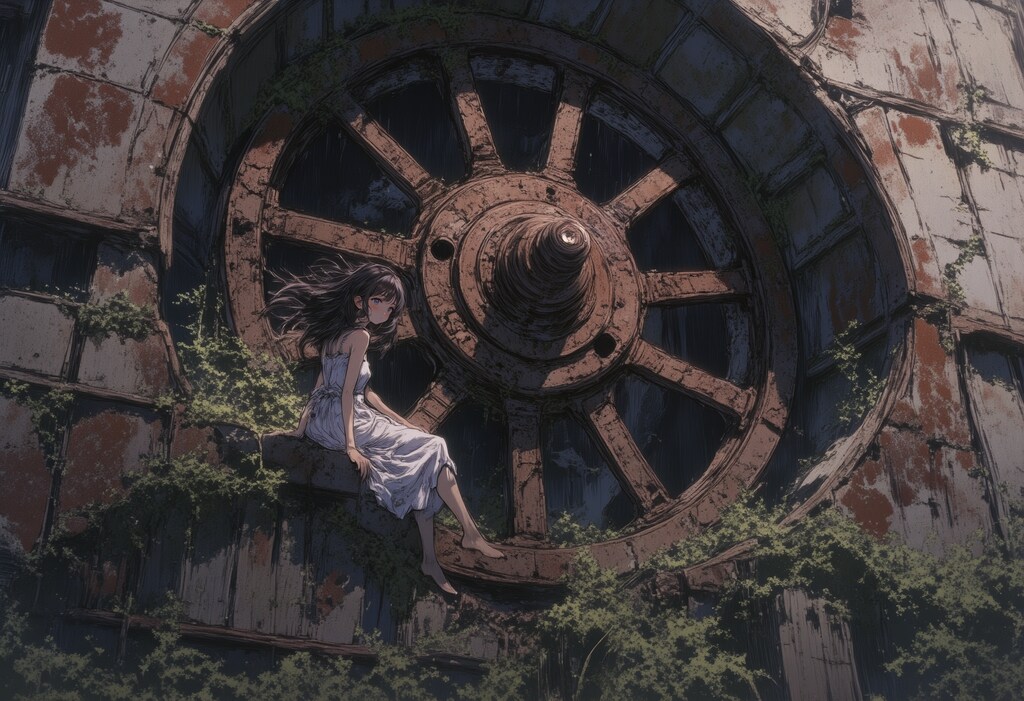 巨大な車輪と女の子