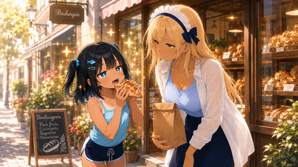 ２人は褐色メイド + 綺麗なお姉さんにパンを貰うこなつ