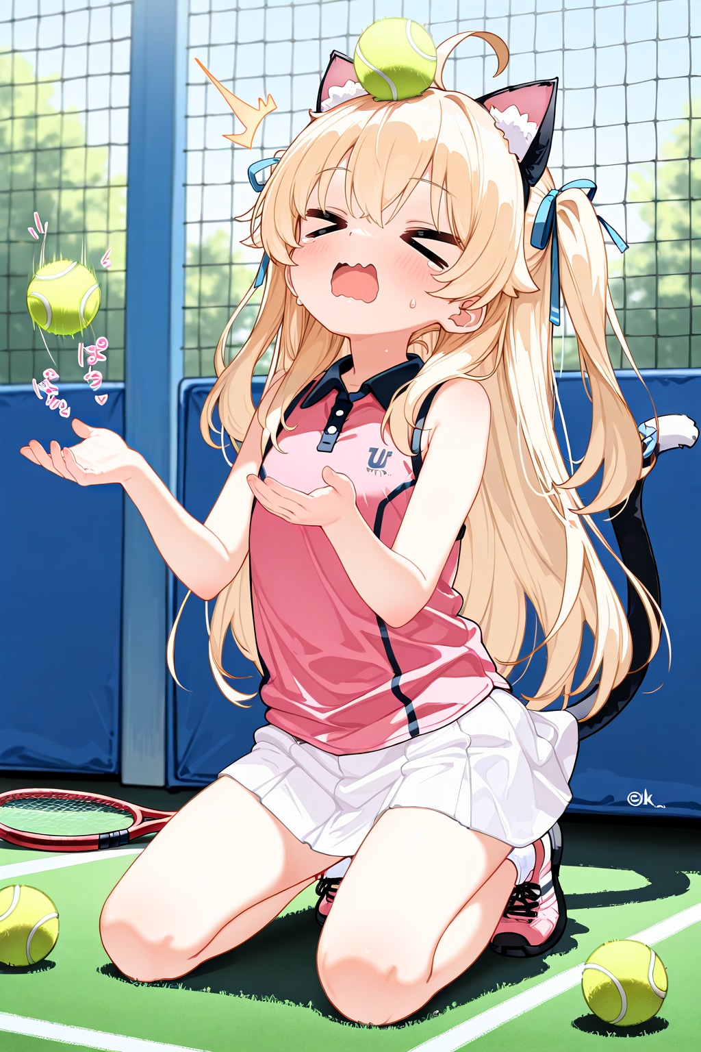 ちちぷい女子オープン(テニス編)に参加しようとするもネコミミを選択したがために本能に逆らえずボール遊びに夢中になってしまうピナちゃん