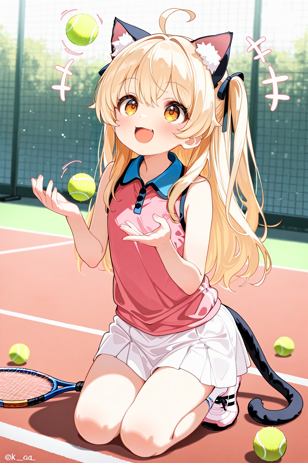 ちちぷい女子オープン(テニス編)に参加しようとするもネコミミを選択したがために本能に逆らえずボール遊びに夢中になってしまうピナちゃん