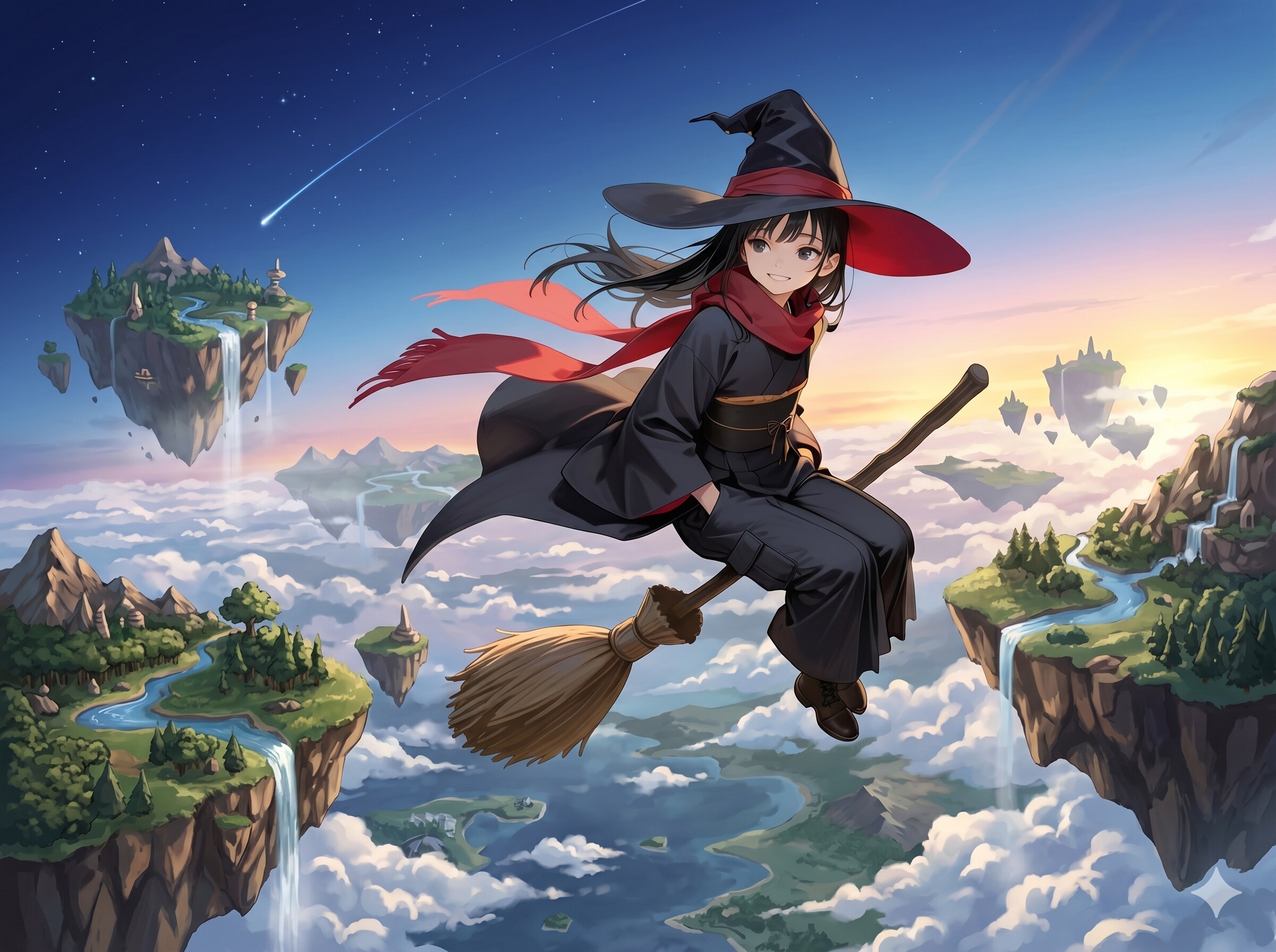 絶景浮遊島の中を放棄に乗って旅する魔女さん