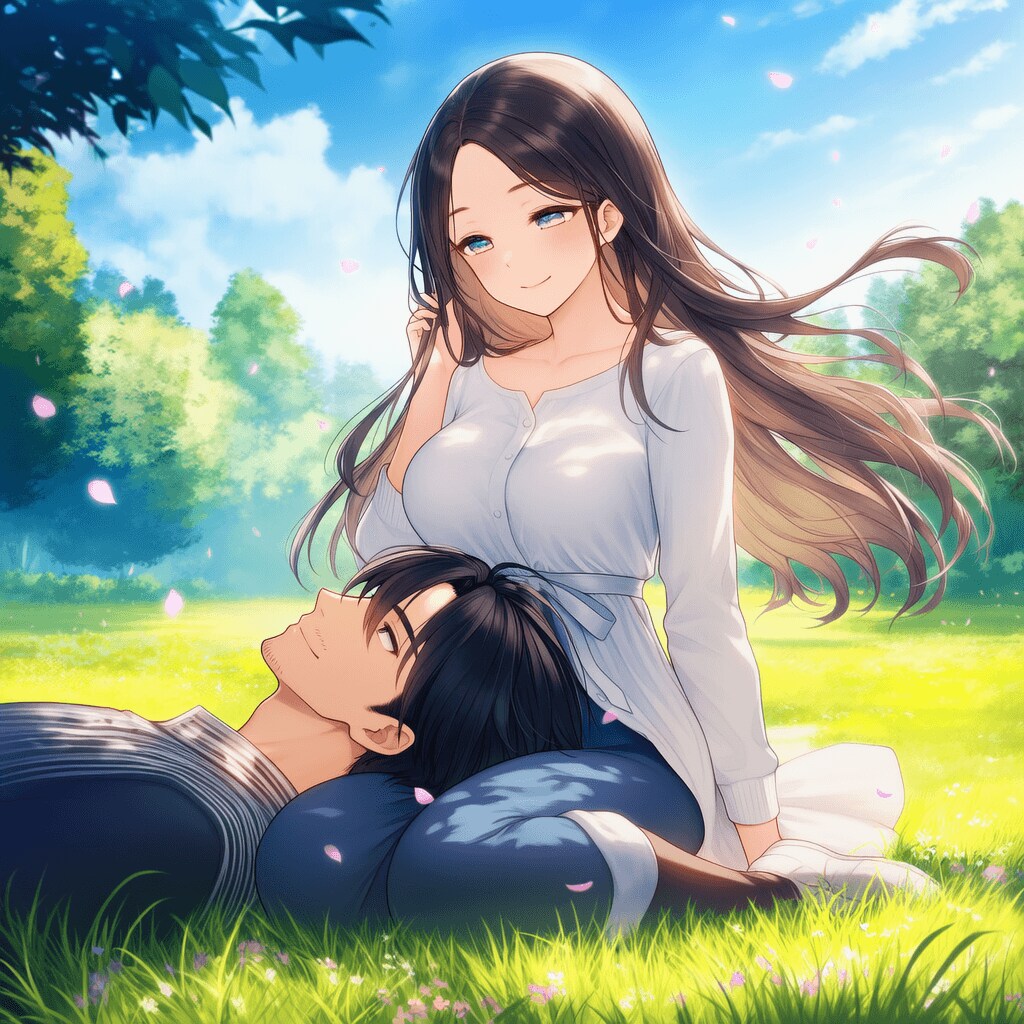 芝生で膝枕