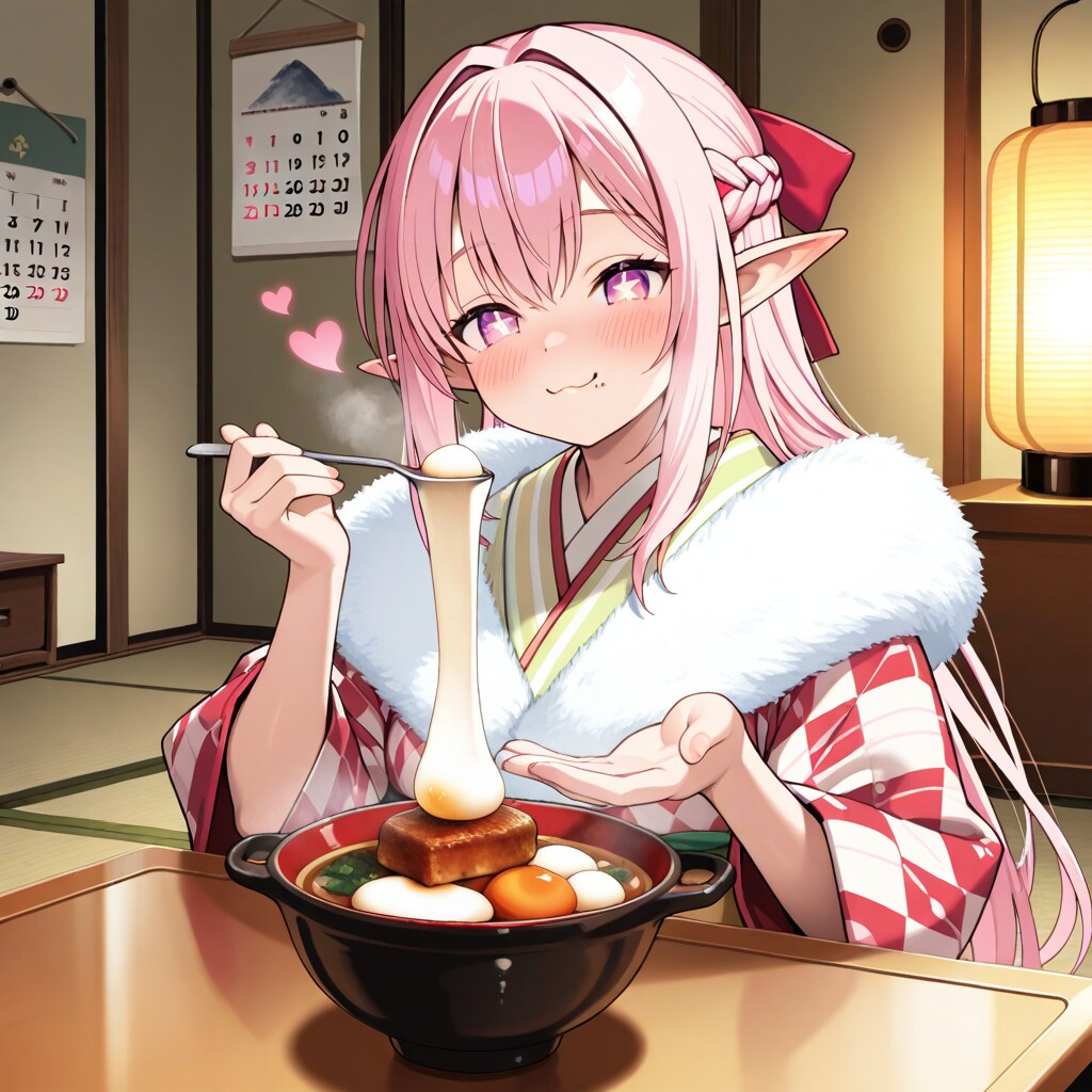 おしるこ？をたべるエルフの女の子