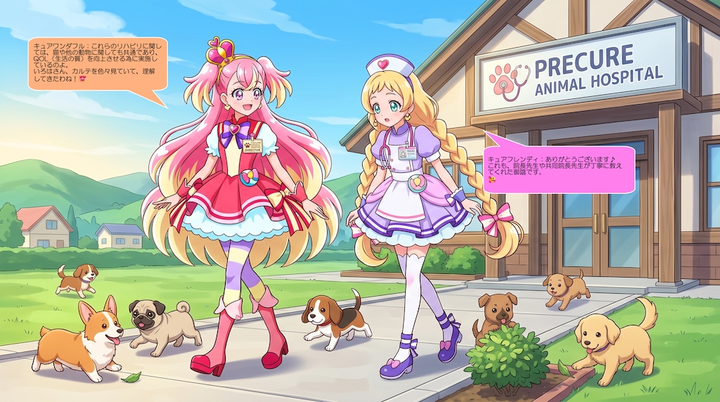 キュアフレンディ、仔犬達のリハビリをキュアワンダフルと実施する