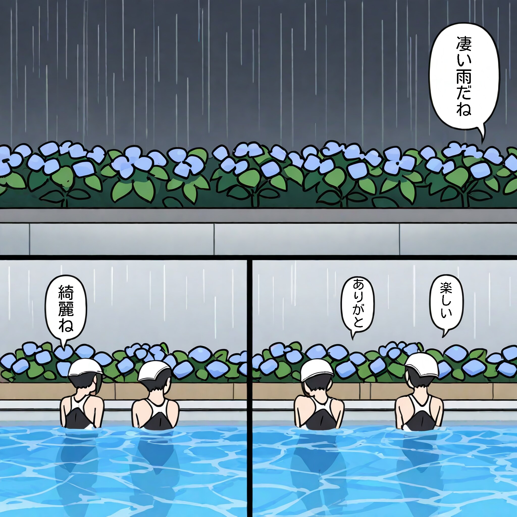 雨のプール、紫陽花と競泳水着の少女達