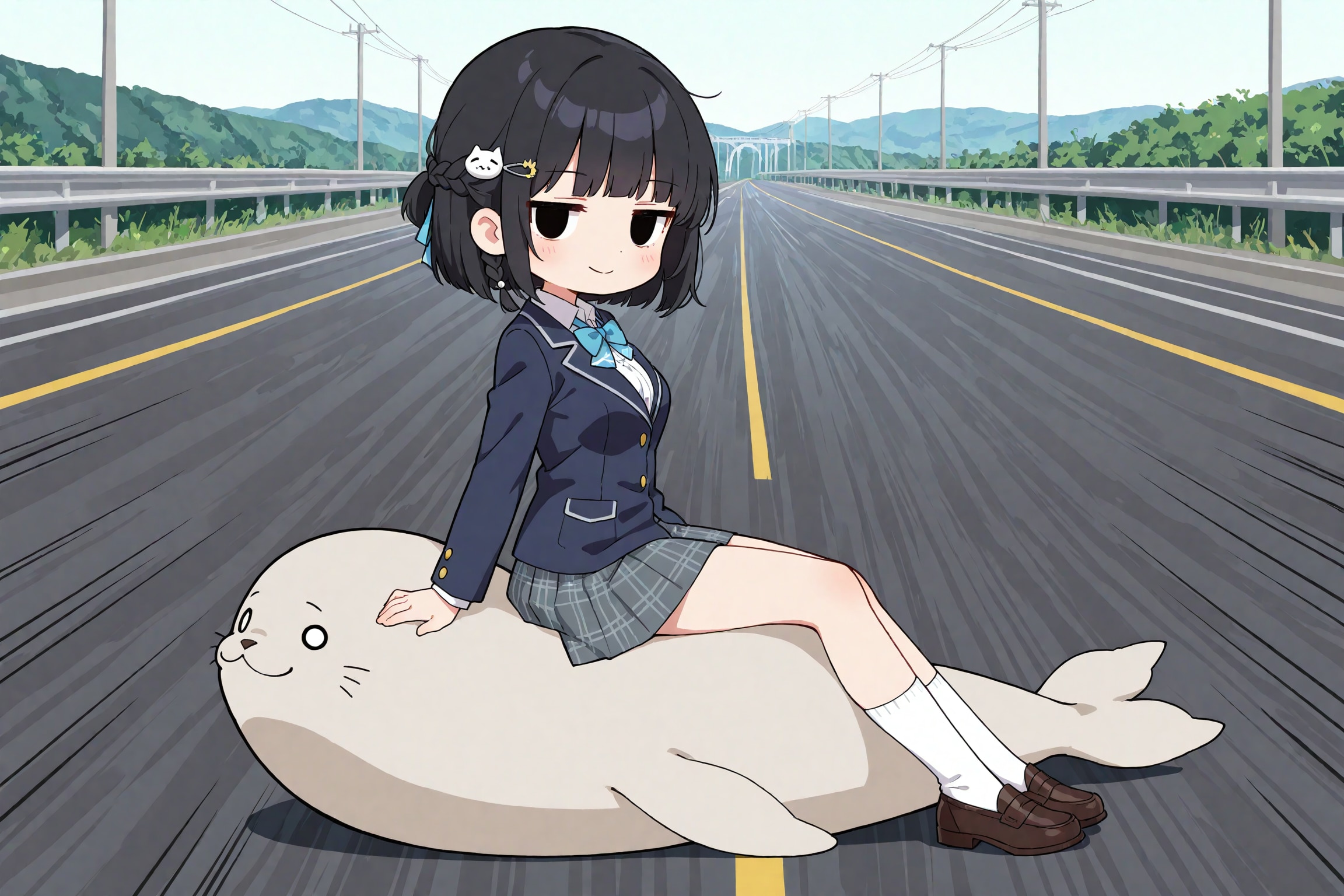 高速道路を疾走するアザラシとあざらしに乗っている凜猫ちゃん | の人気AIイラスト・グラビア