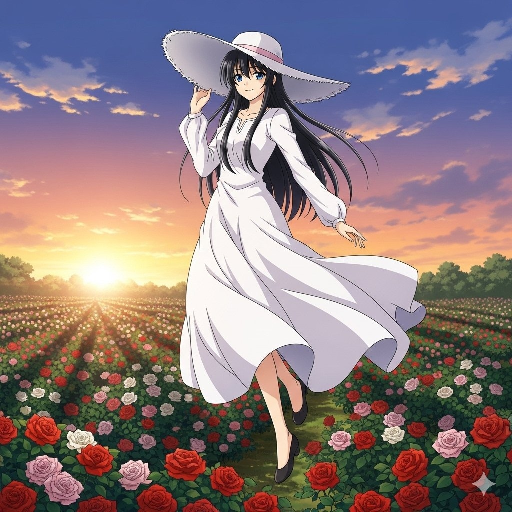 八尺様、夕焼けの薔薇園でジャンプ