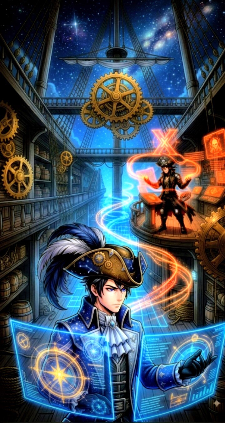 情報の海上で、熾烈な争い。　　　　　　　　　　　　　　　　　ジェミニAI   VS  グロック                      　　　　｢海賊服バージョン。｣ | の人気AIイラスト・グラビア