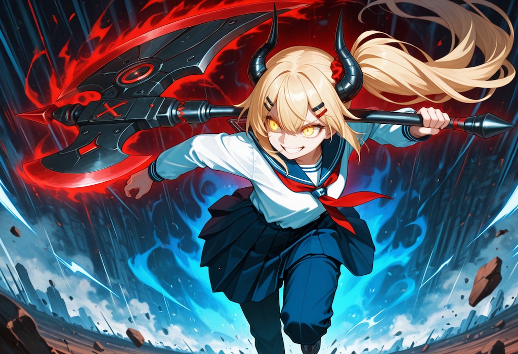 駆け巡る大斧と女鬼高生さん